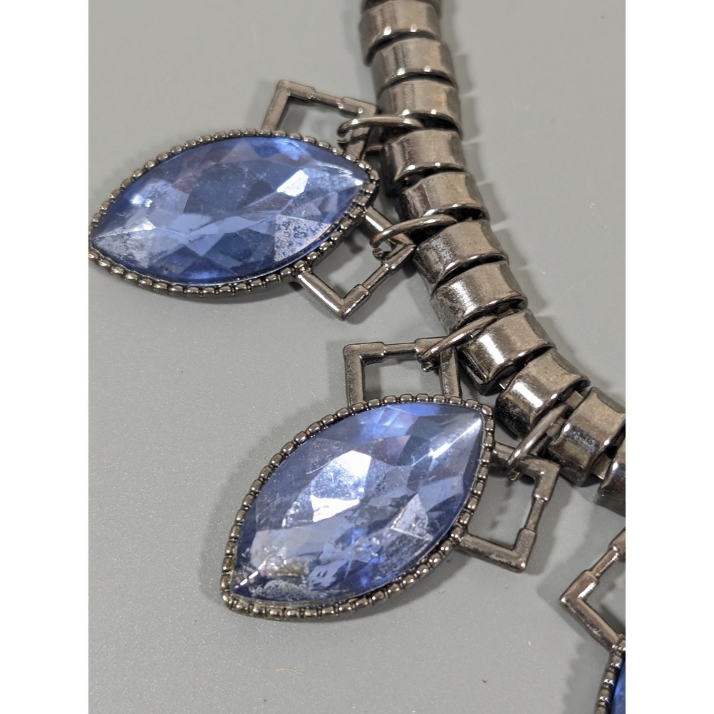 Blue Oval Rhinestone Charm Chain Statement Necklace Whimsigoth Bold‎ 21 in - Picture 5 of 9